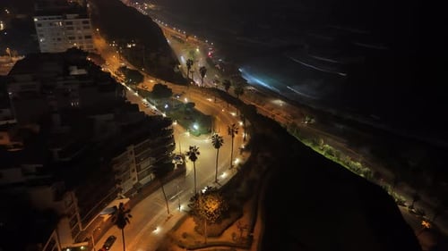 Aerial view of city beach streets at night