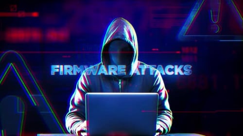 Hacker Figure with Glitch Digital Title Reveal on Laptop Background
