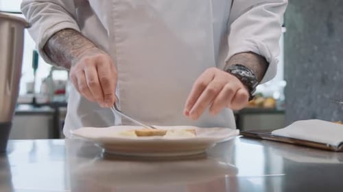 Professional chef plating a gourmet dish in a modern restaurant kitchen
