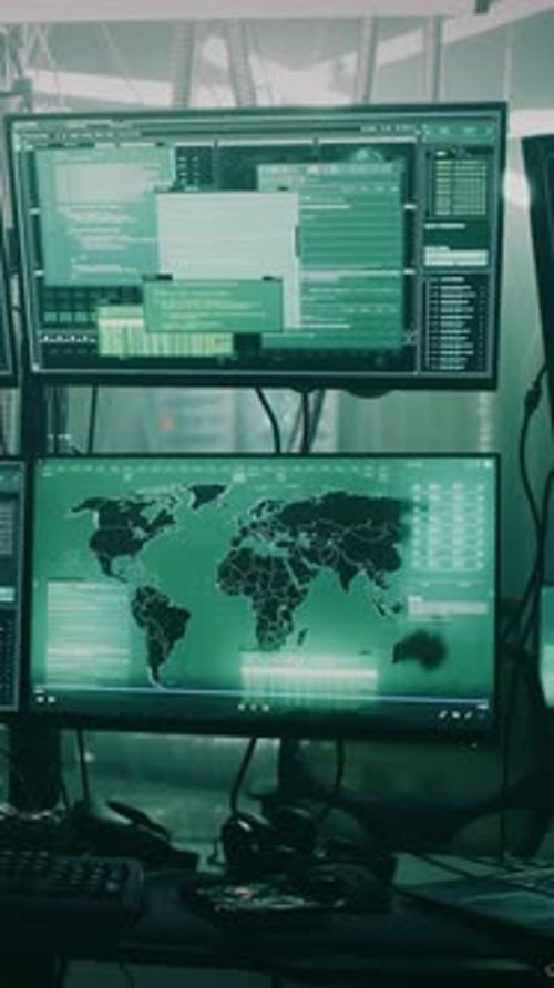 Monitors Displaying Computer Code and World Map