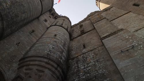 high medieval castle walls - low perspective pan shot