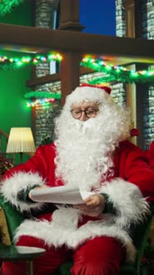 Vertical Video Man Dressed As Santa Claus Laughing Amused By Funny Letters Received From Kids