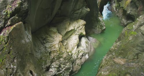 Mountain river with emerald green fresh water flows in rocky gorge
