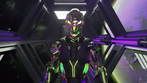 Space Exploration An Alien in a Rainbow Neon Suit Walks Through a Spaceship Tunnel Planet in the