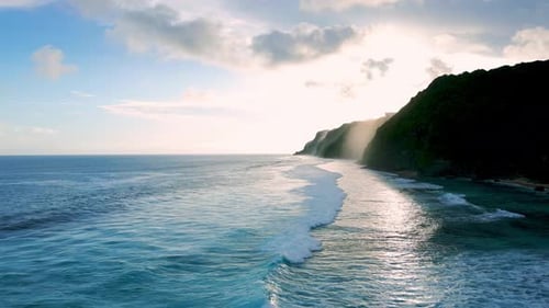 Aerial View on Mountain Landscape of Blue Sea Water Waves at Summer Ocean Coast