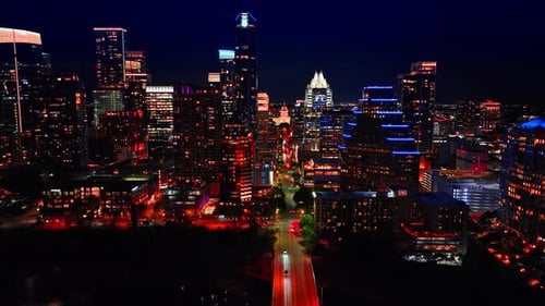 Night aerial view of Congress Avenue and Texas State Capitol.