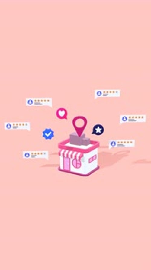 Animated 3D Store Icon with Reviews and Star Ratings in Vertical Video Format.