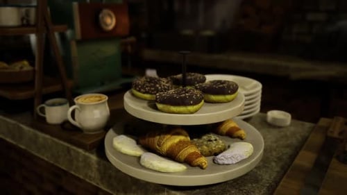 Realistic Bakery Counter Display with Fresh Pastries and Coffee