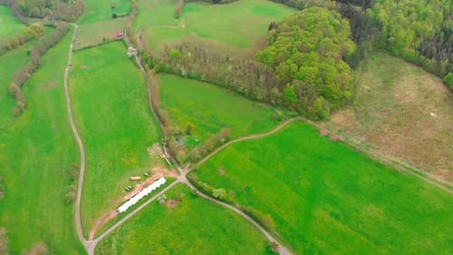 aerial flight over lush green forest and fields