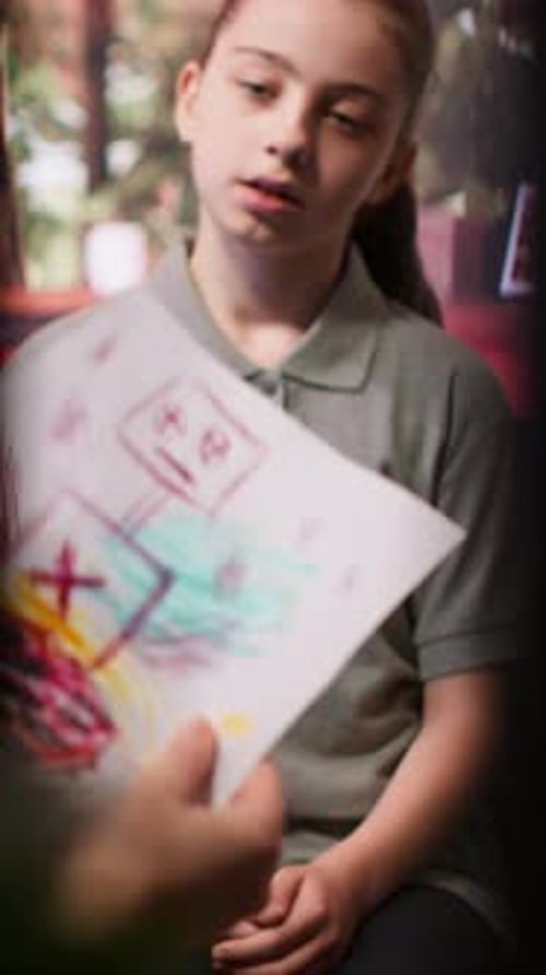 Young Girl Talking, Holding Child's Drawing