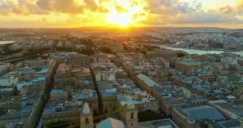 Aerial View of Valletta Old Town in Malta at Sunset Flying Over Valletta Old City Malta