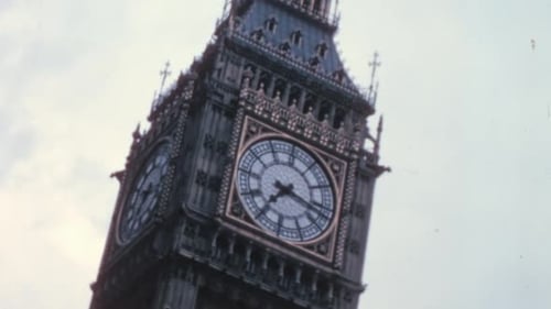 Big Ben tower close up, historical footage from London in the 1960’s
