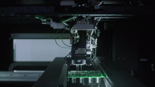 Closeup of Component Installation on Circuit Board Electronic Devices Production Industry Fully