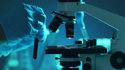 Closeup of Scientific Microscope Laboratory in Hospital Epidemic Disease Healthcare Vaccine Research