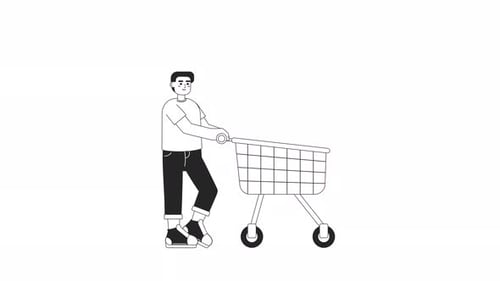 Animated Bw Man with Push Cart