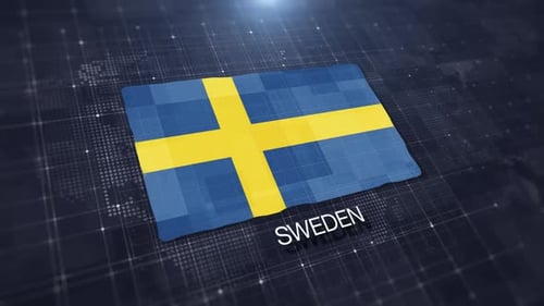 Waving Sweden Flag on Digital World Map Background