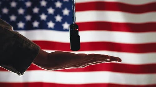 Hand Holds Military Dog Tags Over American Flag