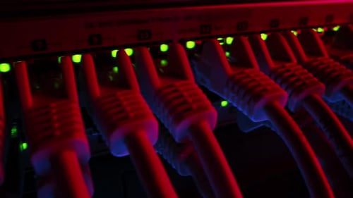 Network Switch with Cables and Flashing Lights