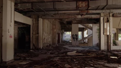 Aerial view of abandoned hotel with graffiti in Kupari, Croatia.