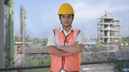 Confident Engineer with Arms Crossed at Factory