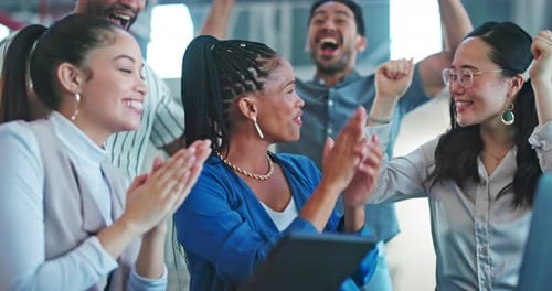 Success, high five or business people applause with laptop for target achievement