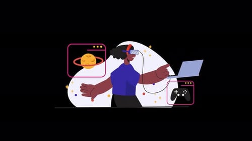 Animated Illustration of Person Exploring Virtual Reality with Laptop