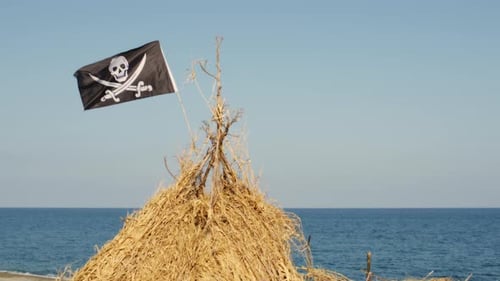 Pirate Flag Flying on Beach Hut by the Sea