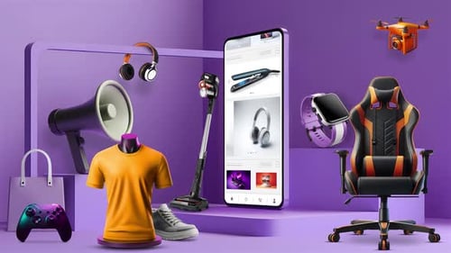 E-Commerce- und Verkaufsthema mit Einkaufsprodukten. Smartphone-Mockup auf dem Podium.