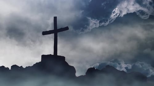 cross on the mountain with thunderstorm background and lightning strikes
