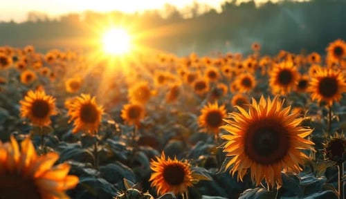 Golden Sunflowers at Sunrise in a Rural Field