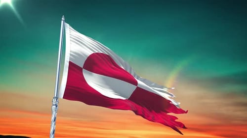 Waving Greenland Flag Against Vibrant Sunset Sky