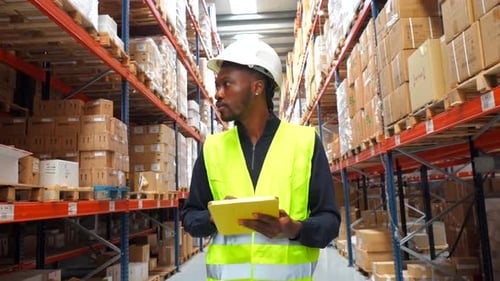 Logistics Operator Managing Inventory with Digital Tablet in Warehouse