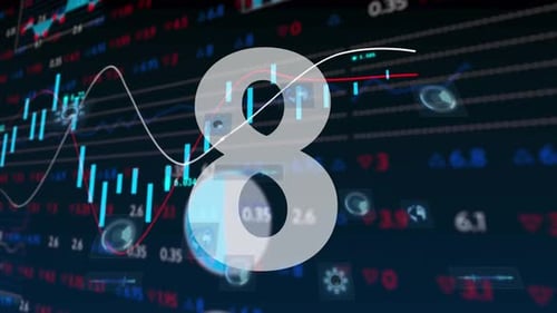 Numbers countdown against stock market data processing on blue background