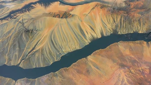 Aerial view of colorful natural water patterns. Mining water pollution, environmental pollution