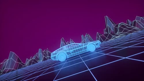 Vehículo estilizado de estructura alámbrica Vaporwave en una carretera digital surrealista