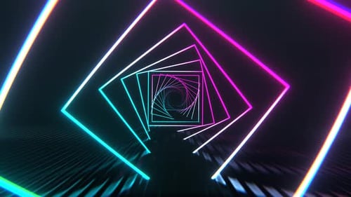 Cyan And Pink Square Neon Spiral Tunnel Background VJ Loop l 4K