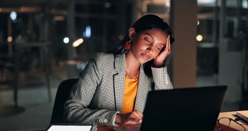 Woman, laptop and headache at office, night and stress with feedback for story at media startup