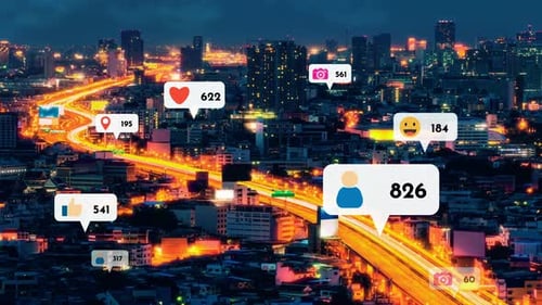 Social Media Icons Fly Over City Downtown Showing People Reciprocity Connection