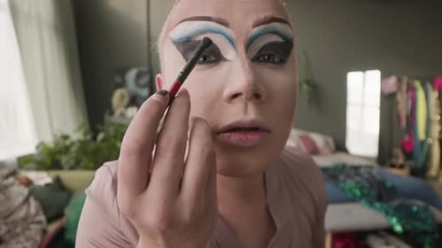 POV of Queer Man Doing Eye Makeup at Camera at Home