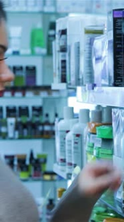 Young Woman Intently Reading Shampoo Label in Vibrant Pharmacy Aisle