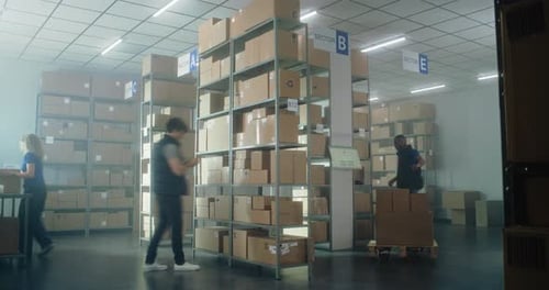 Timelapse de divers employés du centre de tri préparant des colis à expédier aux clients