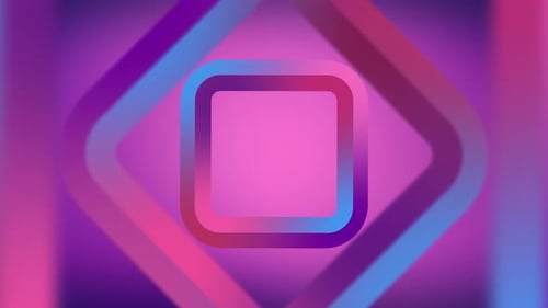 Large bright pink blue volumetric frames spin on a magenta background. Abstract neon purple and pink