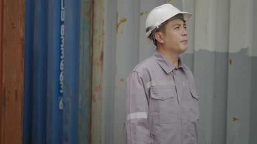 Blue collar worker is working at container warehouse.