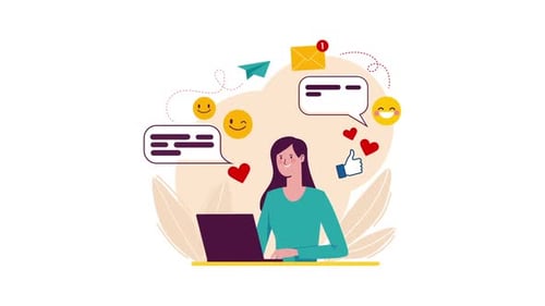 Flat Design Animation of Woman Using Laptop with Social Media Icons