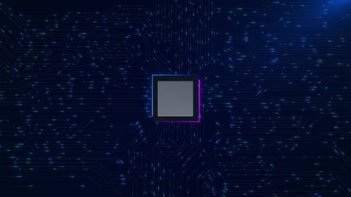 Futuristic Circuit Board Processor with Glowing Data Animation