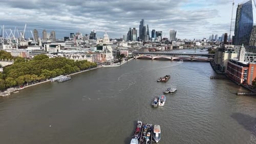 Aerial View of Moored Barges on Thames in Central London