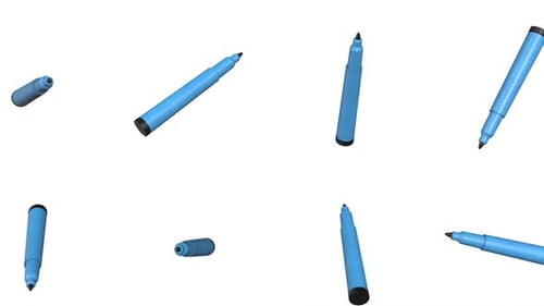 Marcadores azules dispersos sobre fondo blanco