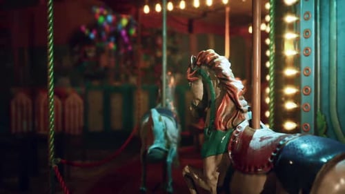 Empty Amusement Park at Night with Vintage Carousel and Dim Lights