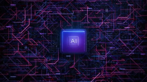 Futuristic AI Processor Chip on Digital Circuit Board Loop