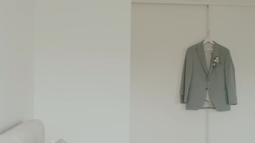 Stylish Suit Jacket Hanging in Minimalist Room
